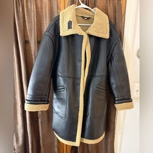 Topshop Faux Shearling Aviator Coat Black Tan Jacket Size S